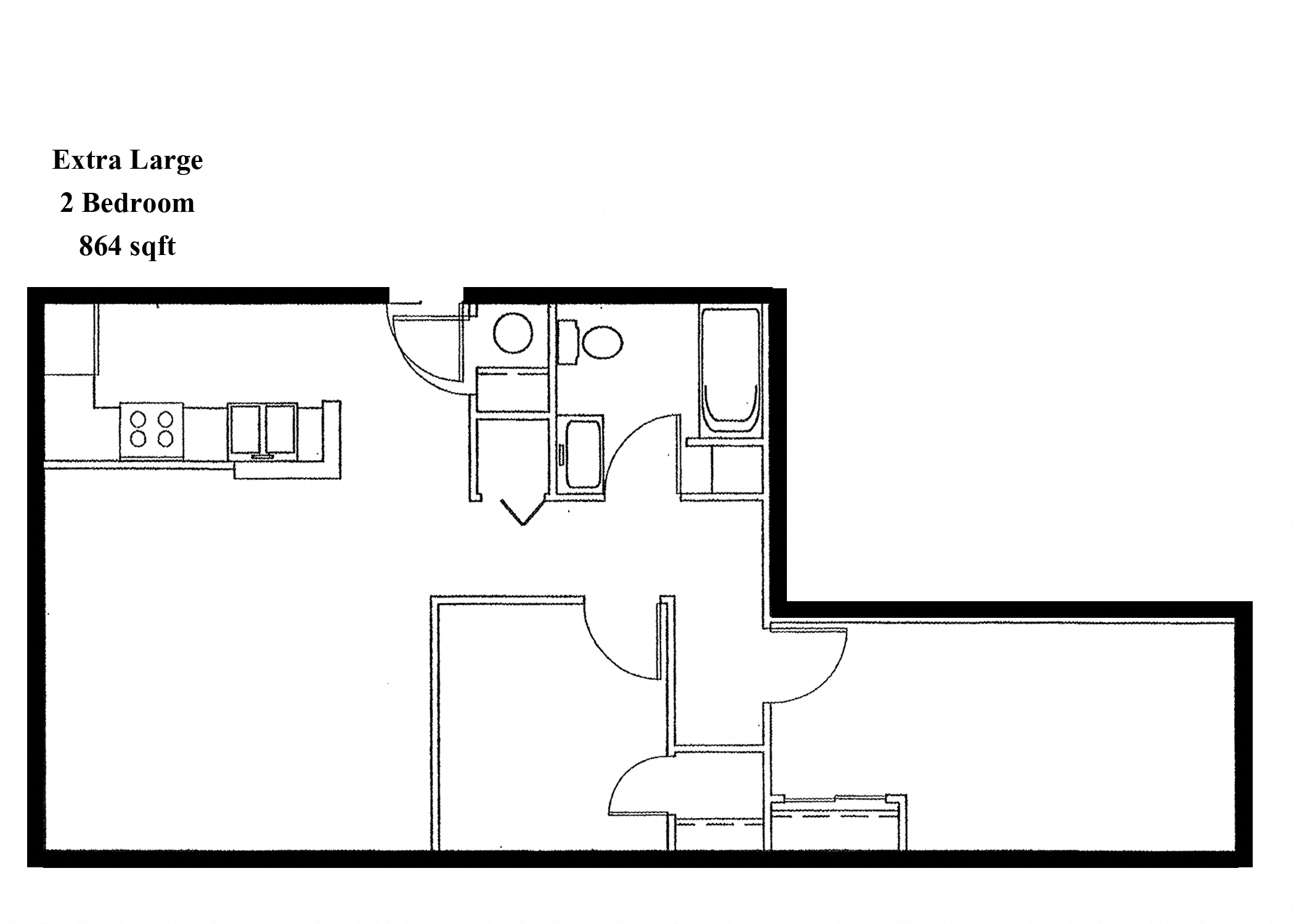 Floor plan for 2 beds, 1 bath, 820 sqft